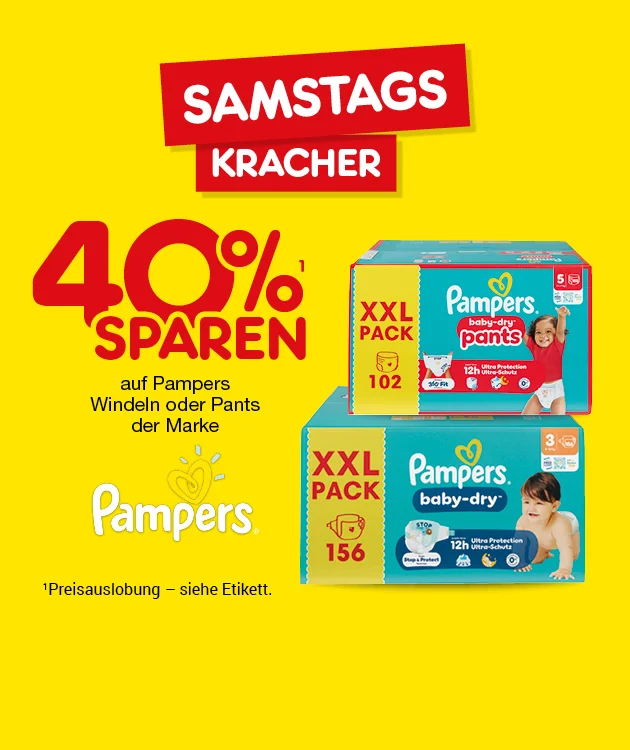 Diese Grafik zeigt auf gelbem Hintergrund oben den Hinweis &bdquo;Samstags Kracher&ldquo;, darunter den gro&szlig;en Text &bdquo;vierzig Prozent sparen auf alle Pampers Windeln oder Pants der Marke Pampers", das Pampers-Logo sowie rechts zwei XXL-Packungen &bdquo;Pampers baby-dry pants&ldquo; und &bdquo;Pampers baby-dry&ldquo;; unten steht der Sternchentext &bdquo;Preisauslobung &ndash; siehe Etikett.&ldquo;, und ganz unten l&auml;dt ein Button mit der Aufschrift &bdquo;Weitere Kracher-Angebote&ldquo; zum Klicken ein.