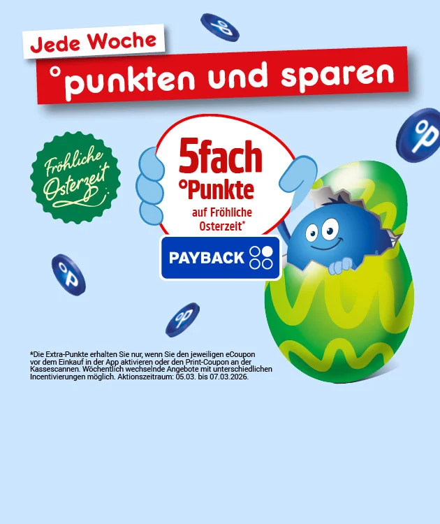 Hellblaue PAYBACK-Grafik mit der &Uuml;berschrift &bdquo;Jede Woche punkten und sparen&ldquo;. In der Mitte steht ein blauer &bdquo;Pointee&ldquo; und h&auml;lt links einen Teller mit aufgeschnittenem Braten und rechts ein rundes Schild. Auf dem Schild steht &bdquo;f&uuml;nffach Punkte auf Fleisch und Wurst&ldquo;, darunter das PAYBACK-Logo. Im Hintergrund fliegen mehrere PAYBACK-Punkte-Symbole. Kleingedruckter Hinweis: Die Extra-Punkte gibt es nur, wenn vor dem Einkauf der jeweilige eCoupon in der App aktiviert oder an der Kasse gescannt wird; w&ouml;chentlich wechselnde Angebote mit unterschiedlichen Incentivierungen m&ouml;glich; Aktionszeitraum: zweiter M&auml;rz zweitausendsechsundzwanzig bis siebenter M&auml;rz zweitausendsechsundzwanzig. Unten mittig ein wei&szlig;er Button mit rotem Rand und roter Schrift: &bdquo;Weitere Angebote entdecken&ldquo;, der zum Klicken einl&auml;dt.