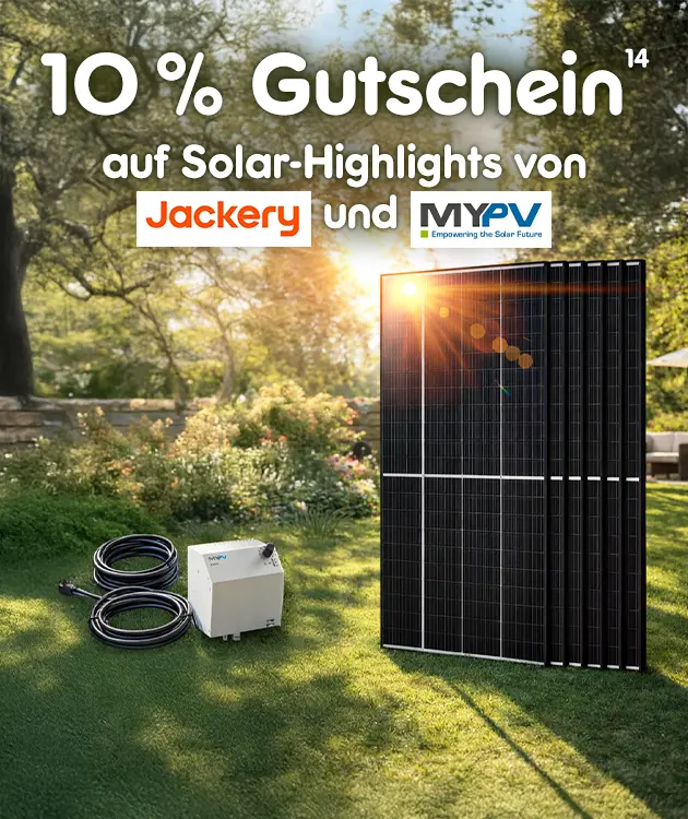10% Gutschein auf Solar Highlights von Jackery und MYPV bei Netto online. Mit Hochzahl 14 als Hinweis auf Rechtstext