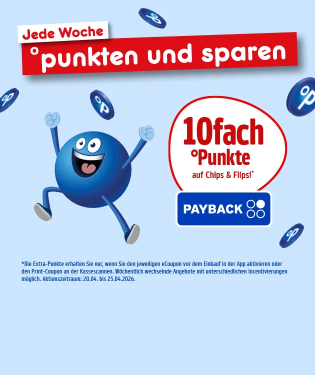 Hellblauer Hintergrund mit schwebenden PAYBACK-Punktem&uuml;nzen; oben Text: &bdquo;Jede Woche &deg;punkten und sparen&ldquo;. Links springt ein blauer Pointee. Rechts ein Aufkleber: &bdquo;zehnfach &deg;Punkte auf Chips und Flips!&ldquo; mit PAYBACK-Logo. Kleingedruckt: &bdquo;Die Extra-Punkte erhalten Sie nur, wenn Sie den jeweiligen Coupon vor dem Einkauf in der App aktivieren oder den Print-Coupon an der Kasse scannen. W&ouml;chentlich wechselnde Angebote mit unterschiedlichen Incentivierungen m&ouml;glich. Aktionszeitraum: zwanzigsten April bis f&uuml;nfundzwanzigsten April zweitausendsechsundzwanzig.&ldquo; Unten ein Button &bdquo;Hier mehr erfahren&ldquo;, der zum Klicken einl&auml;dt.