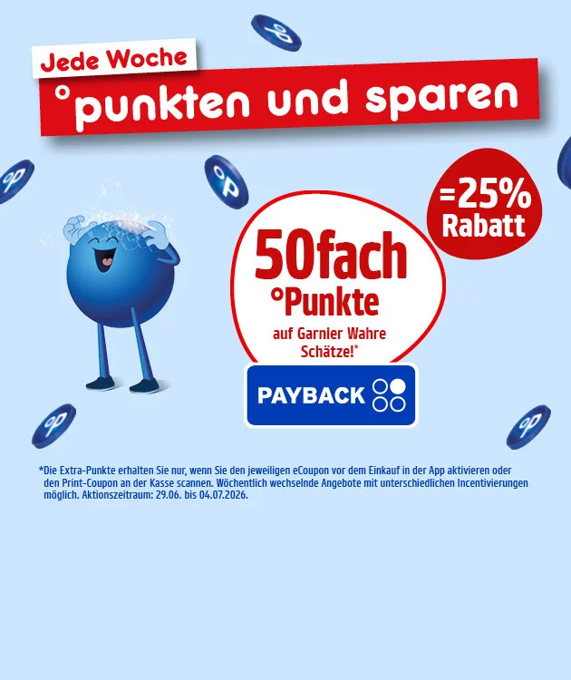 Diese Grafik zeigt auf hellblauem Hintergrund mehrere schwebende PAYBACK-Symbole, oben ein wei&szlig;es Schild mit roter Schrift &bdquo;Jede Woche&ldquo; und darunter einen roten Balken mit der Aufschrift &bdquo;punkten und sparen&ldquo;. Links steht ein blauer Pointee mit geschlossenen Augen und offenem Mund, der sich mit Schaum die Haare w&auml;scht. In der Mitte steht in einem wei&szlig; hinterlegten, rot umrandeten Kreis &bdquo;f&uuml;nfzigfach Punkte auf Garnier Wahre Sch&auml;tze!&ldquo; &uuml;ber einem PAYBACK-Logo, rechts daneben in einem roten Kreis &bdquo;gleich f&uuml;nfundzwanzig Prozent Rabatt&ldquo;. Unten steht der Sternchentext: &bdquo;Die Extra-Punkte erhalten Sie nur, wenn Sie den jeweiligen eCoupon vor dem Einkauf in der App aktivieren oder den Print-Coupon an der Kasse scannen. W&ouml;chentlich wechselnde Angebote mit unterschiedlichen Incentivierungen m&ouml;glich. Aktionszeitraum: neunundzwanzigster Juni bis vierter Juli zweitausendsechsundzwanzig.&ldquo; Ganz unten befindet sich der Button &bdquo;Hier mehr erfahren&ldquo;, der zum Klicken einl&auml;dt.