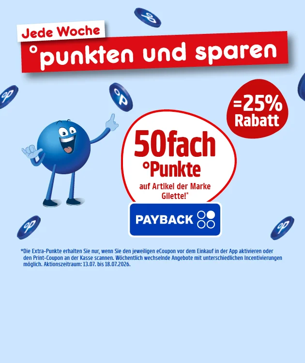 Diese Grafik zeigt auf hellblauem Hintergrund mehrere schwebende PAYBACK-Punktesymbole. Oben links stehen auf einer wei&szlig;en und einer roten Fl&auml;che die Texte &bdquo;Jede Woche&ldquo; und &bdquo;&deg;punkten und sparen&ldquo;. Links unten ist ein blauer Pointee mit lachendem Gesicht und erhobener Hand zu sehen. Rechts daneben steht in einem wei&szlig;en Kreis mit roter Umrandung: &bdquo;f&uuml;nfzigfach &deg;Punkte auf Artikel der Marke Gillette!&ldquo;. Daneben befindet sich ein roter Kreis mit dem Text &bdquo;gleich f&uuml;nfundzwanzig Prozent Rabatt&ldquo;. Unter dem Kreis steht das blaue PAYBACK-Logo. Der Sternchentext unten lautet: &bdquo;Die Extra-Punkte erhalten Sie nur, wenn Sie den jeweiligen Coupon vor dem Einkauf in der App aktivieren oder den Print-Coupon an der Kasse scannen. W&ouml;chentlich wechselnde Angebote mit unterschiedlichen Incentivierungen m&ouml;glich. Aktionszeitraum: dreizehnter Juli bis achtzehnter Juli zweitausendsechsundzwanzig.&ldquo; Ganz unten befindet sich ein wei&szlig;er Button mit roter Umrandung und der Aufschrift &bdquo;Hier mehr erfahren&ldquo;, der zum Klicken einl&auml;dt.