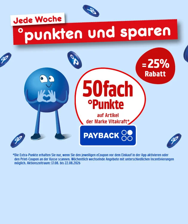 Diese Grafik zeigt auf hellblauem Hintergrund mit schwebenden PAYBACK-Punkten die Werbebotschaft &bdquo;Jede Woche punkten und sparen&ldquo;, links einen blauen Pointee, der mit seinen Fingern eine Herzgeste vor dem K&ouml;rper formt, mittig einen wei&szlig;en Kreis mit rotem Rand und dem Text &bdquo;f&uuml;nfzigfach Punkte auf Artikel der Marke Vitakraft&ldquo;, daneben einen roten Kreis mit &bdquo;minus f&uuml;nfundzwanzig Prozent Rabatt&ldquo;, darunter das PAYBACK-Logo, den Sternchentext &bdquo;Die Extra-Punkte erhalten Sie nur, wenn Sie den jeweiligen eCoupon vor dem Einkauf in der App aktivieren oder den Print-Coupon an der Kasse scannen. W&ouml;chentlich wechselnde Angebote mit unterschiedlichen Incentivierungen m&ouml;glich. Aktionszeitraum: siebzehnter August bis zweiundzwanzigster August zweitausendsechsundzwanzig&ldquo; sowie ganz unten den Button &bdquo;Hier mehr erfahren&ldquo;, der zum Klicken einl&auml;dt.