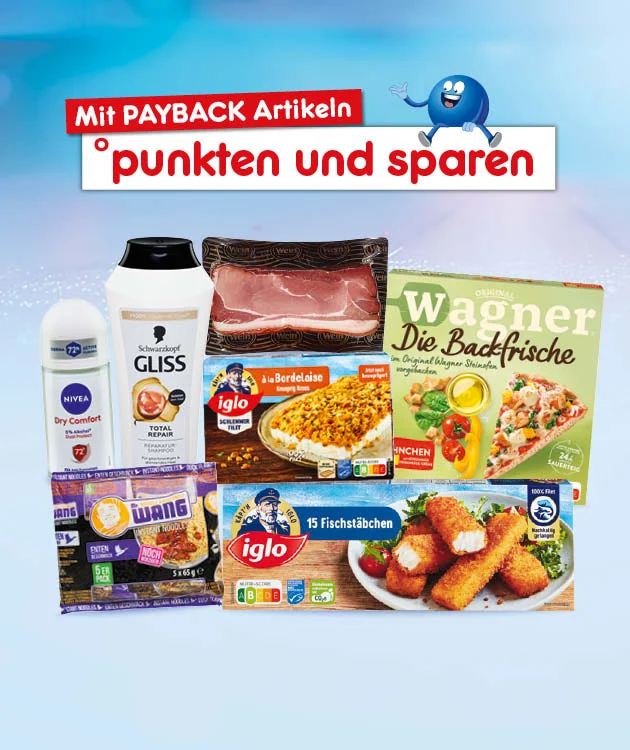 Diese Grafik zeigt auf hellblauem Hintergrund eine PAYBACK-Darstellung mit einem roten und wei&szlig;en Banner, auf dem &bdquo;Mit PAYBACK Artikeln &deg;punkten und sparen&ldquo; steht. Oben auf dem Banner ist ein blauer Pointee mit freundlichem Gesicht, offenem L&auml;cheln, ausgestreckten Armen und einer lebendigen, springenden Haltung zu sehen. Darunter sind mehrere Produkte aus verschiedenen Warengruppen abgebildet, darunter ein Nivea-Deodorant, ein Gliss-Haarpflegeprodukt, eine Packung Bacon, eine Wagner-Pizza, ein Iglo-Fischgericht, Iglo-Fischst&auml;bchen sowie weitere verpackte Lebensmittel. Ganz unten befindet sich ein wei&szlig;er Button mit rotem Rand und roter Schrift &bdquo;Jetzt Angebote entdecken&ldquo;, der zum Klicken einl&auml;dt.