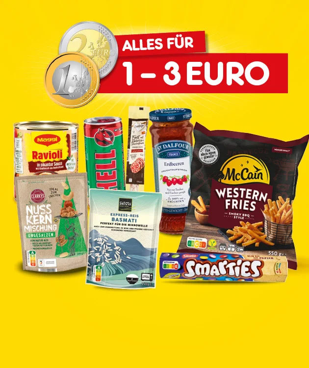 Diese Grafik zeigt auf gelbem Hintergrund die &Uuml;berschrift &bdquo;Alles f&uuml;r eins bis drei Euro&ldquo; mit einer Ein-Euro- und einer Zwei-Euro-M&uuml;nze, daneben verschiedene Produkte: Maggi Ravioli in pikanter Sauce, eine Nuss-Kern-Mischung, einen Express-Reis Basmati, einen HELL Energy Drink mit Wassermelone, St. Dalfour Erdbeere, McCain Western Fries Smoky Barbecue Style und Smarties. Unten links ist ein rundes Symbol mit der Aufschrift &bdquo;Filiale&ldquo; zu sehen. Unten rechts befindet sich ein Button mit der Aufschrift &bdquo;Jetzt Angebote entdecken&ldquo;, der zum Klicken einl&auml;dt.