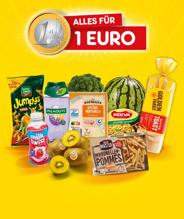 Diese Grafik zeigt einen gelben Hintergrund mit einer Ein-Euro-M&uuml;nze und dem Schriftzug &bdquo;Alles f&uuml;r ein Euro&ldquo;. Darunter sind verschiedene Produkte zu sehen, darunter Chips, Duschgel, ein Milchgetr&auml;nk, Brot, Tiefk&uuml;hlpommes, Kiwi, Brokkoli und Wassermelone. Unten l&auml;dt der Button &bdquo;Jetzt Angebote entdecken&ldquo; zum Klicken ein.