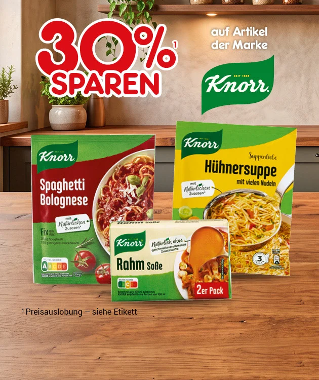 Diese Grafik zeigt auf einem Holzuntergrund mit K&uuml;chenhintergrund den Hinweis &bdquo;drei&szlig;ig Prozent sparen&ldquo; auf Artikel der Marke &bdquo;Knorr&ldquo;. Abgebildet sind Produkte der Marke Knorr, darunter &bdquo;Spaghetti Bolognese&ldquo;, &bdquo;H&uuml;hnersuppe&ldquo; und &bdquo;Rahm So&szlig;e&ldquo; im Zweierpack. Unten links steht der Sternchentext &bdquo;Preisauslobung siehe Etikett&ldquo;. Unten l&auml;dt ein Button mit der Aufschrift &bdquo;Weitere Sparangebote entdecken&ldquo; zum Klicken ein.