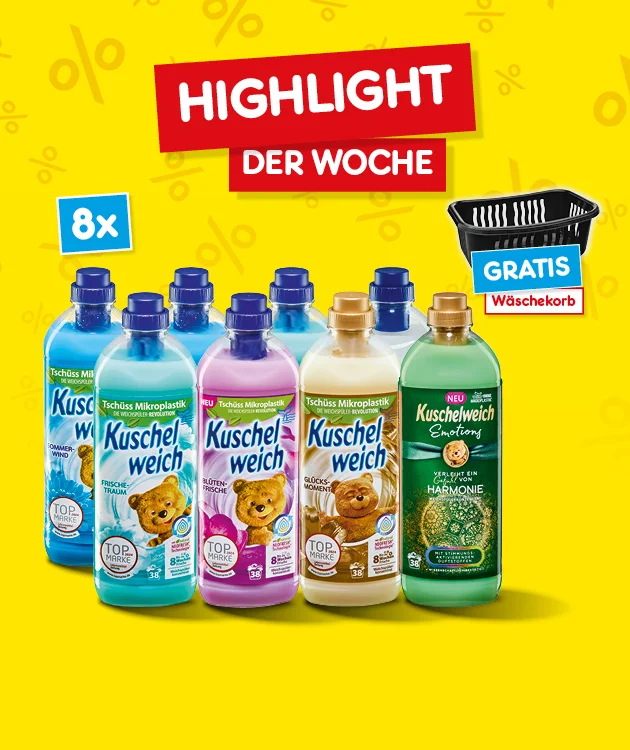 Gelber Hintergrund mit Prozentzeichen. &Uuml;berschrift &bdquo;Highlight der Woche&ldquo;. Abgebildet sind Kuschelweich-Weichsp&uuml;lerflaschen in verschiedenen Sorten. Links steht &bdquo;achtmal&ldquo;. Rechts ein schwarzer W&auml;schekorb mit Hinweis &bdquo;gratis W&auml;schekorb&ldquo;. Unten mittig ein wei&szlig;er Button mit rotem Rand und roter Schrift: &bdquo;Weitere Angebote entdecken&ldquo;, der zum Klicken einl&auml;dt.