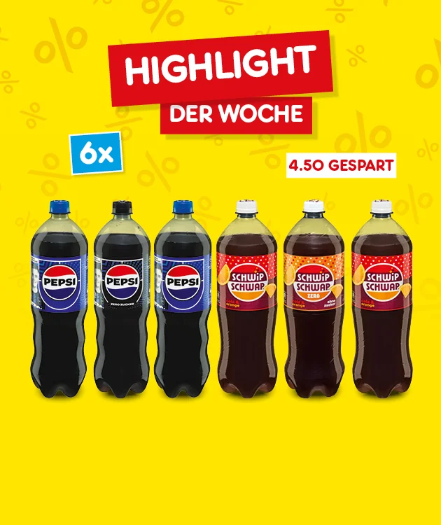 Gelbe Grafik mit einem gro&szlig;en Prozentzeichen im Hintergrund. Im oberen Bereich steht auf rotem Hintergrund in gro&szlig;en wei&szlig;en Buchstaben: &sbquo;Highlight der Woche&lsquo;. Links unten sind zwei Pepsi-Flaschen nebeneinander abgebildet, daneben ein blaues Feld mit der Aufschrift &sbquo;sechs mal&lsquo;. Im wei&szlig;en Kasten rechts oben befindet sich der Hinweis: &sbquo;zwei Euro f&uuml;nfundvierzig gespart&lsquo;. Am unteren Rand l&auml;dt ein wei&szlig;er Button mit rotem Rand und der Schrift &sbquo;Weitere Angebote entdecken&lsquo; zum Klicken ein.
