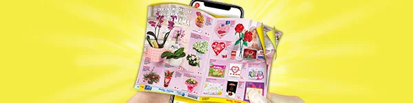 Diese Grafik zeigt einen gelben Hintergrund mit Strahlen. Zwei H&auml;nde halten ein Smartphone, darauf ist ein aufgeklapptes, rosafarbenes Wochenprospekt mit vielen Geschenk- und Blumenangeboten zu sehen. Oben links im Prospekt steht als Headline &bdquo;Der Ort mit grosser Geschenkauswahl f&uuml;r Mama.&ldquo; Ganz unten ist ein Button &bdquo;Zum digitalen Wochenprospekt&ldquo;, der zum Klicken einl&auml;dt.