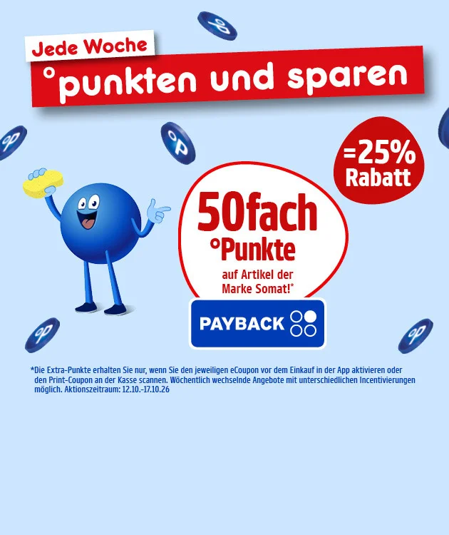 Diese Grafik zeigt auf hellblauem Hintergrund oben den Hinweis &bdquo;Jede Woche &deg;punkten und sparen&ldquo;. Links ist die blaue Payback-Figur mit einer gelben Geschirrsp&uuml;l-Tab abgebildet. Daneben steht in einem wei&szlig;en Kreis &bdquo;50fach &deg;Punkte auf Artikel der Marke Somat*&ldquo; mit Payback-Logo; rechts weist ein roter Kreis auf &bdquo;=25 % Rabatt&ldquo; hin. Im Hintergrund sind mehrere schwebende Payback-Punkte zu sehen. Unten steht ein Hinweis zur Aktivierung des Coupons in der App oder an der Kasse sowie zum Aktionszeitraum vom 12.10. bis 17.10.2026. Unten in der Mitte l&auml;dt ein Button mit der Aufschrift &bdquo;Hier mehr erfahren&ldquo; zum Klicken ein.