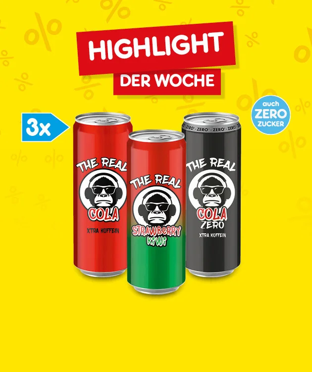Diese Grafik zeigt auf gelbem Hintergrund mit hellen Prozentzeichen den Schriftzug &bdquo;Highlight der Woche&ldquo; in roten Balken, links ein blaues Feld mit &bdquo;zweimal&ldquo; und mittig eine ganze Kiwi sowie zwei aufgeschnittene H&auml;lften mit gr&uuml;nem Fruchtfleisch. Unten links ist ein rotes Hinweissymbol mit der Aufschrift &bdquo;unverpackt&ldquo; zu sehen. Ganz unten befindet sich ein wei&szlig;er Button mit rotem Rand und der Aufschrift &bdquo;Weitere Highlight-Angebote entdecken&ldquo;, der zum Klicken einl&auml;dt.