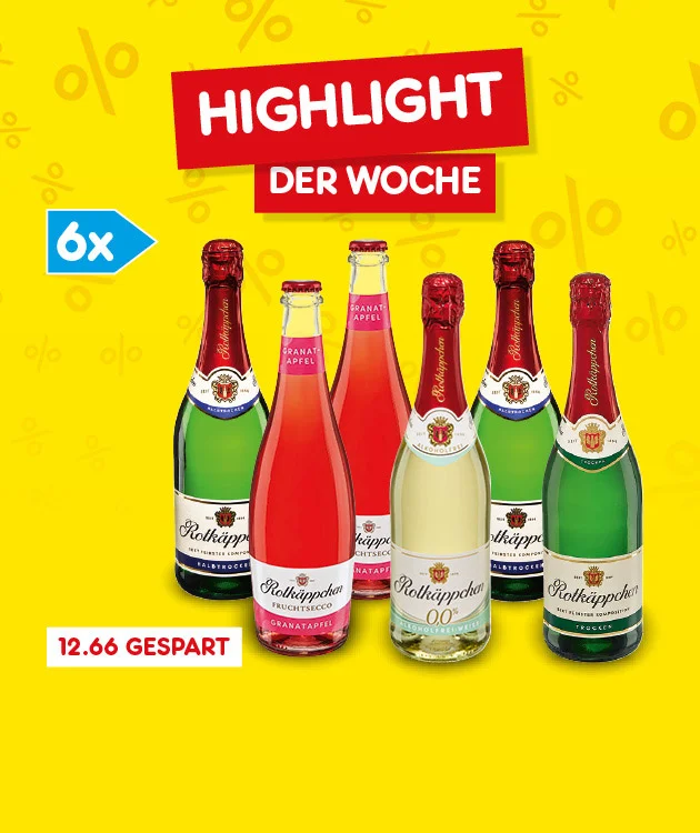 Diese Grafik zeigt auf gelbem Hintergrund mit dezenten Prozentzeichen oben den Schriftzug &bdquo;Highlight der Woche&ldquo;. Darunter sind sechs Flaschen Rotk&auml;ppchen-Sekt in verschiedenen Sorten abgebildet. Links weist ein blaues Symbol auf &bdquo;6x&ldquo; hin. Unten steht der Hinweis &bdquo;12,66 gespart&ldquo;. Unten in der Mitte l&auml;dt ein Button mit der Aufschrift &bdquo;Weitere Highlight-Angebote entdecken&ldquo; zum Klicken ein.