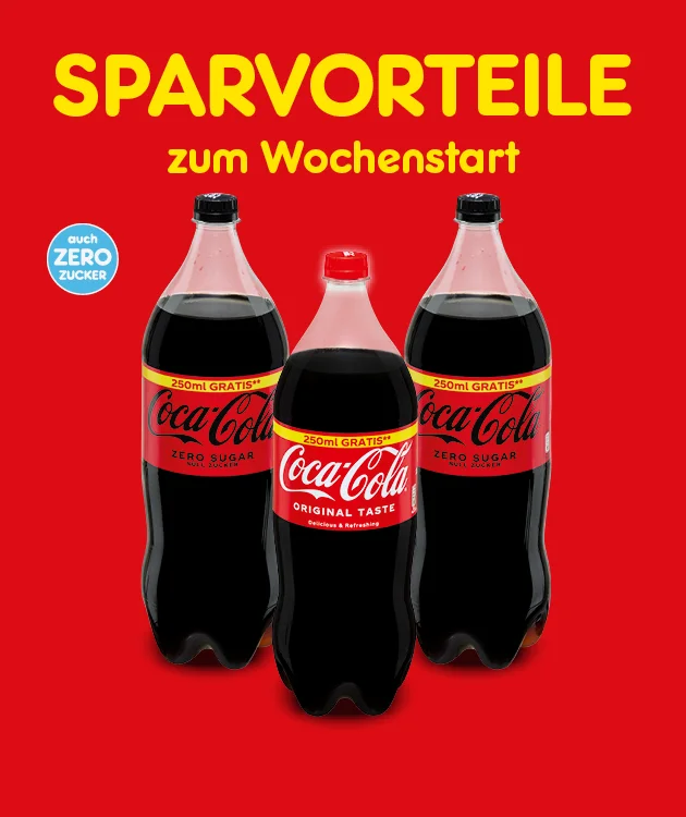 Diese Grafik zeigt auf rotem Hintergrund die &Uuml;berschrift &bdquo;Sparvorteile zum Wochenstart&ldquo; sowie drei Flaschen Coca-Cola, darunter Coca-Cola Original Taste und Coca-Cola Zero Sugar. Ein Hinweis hebt &bdquo;auch Zero Zucker&ldquo; hervor. Unten l&auml;dt ein Button &bdquo;Weitere Sparangebote entdecken&ldquo; zum Klicken ein.