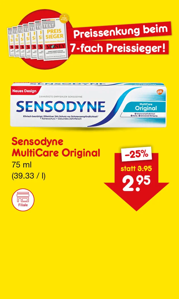 Preissenkung beim siebenfach Preissieger! "mit Testsiegel&sbquo; Test Preissieger". Produktabbildung Sensodyne MultiCare Original, neues Design. Text: Sensodyne MultiCare Original, f&uuml;nfundsiebzig Milliliter (neununddrei&szlig;ig Euro und dreiunddrei&szlig;ig Cent pro Liter). Preis: minus f&uuml;nfundzwanzig Prozent, statt drei Euro f&uuml;nfundneunzig jetzt zwei Euro f&uuml;nfundneunzig. Unten ein Button "Weitere preisgesenkte Artikel", der zum Klicken einl&auml;dt.
