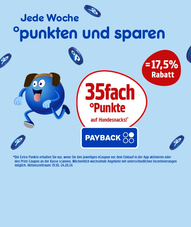 Diese Grafik zeigt auf hellblauem Hintergrund die Aussage &bdquo;Jede Woche punkten und sparen&ldquo; mit PAYBACK-Punktemotiven. Ein blauer Pointee mit braunen Schlappohren l&auml;uft fr&ouml;hlich, l&auml;chelt und streckt die Zunge heraus. Ein wei&szlig;er Kreis mit rotem Rand wirbt mit &bdquo;f&uuml;nfzigfach Punkte auf Hundesnacks&ldquo;, daneben steht in einem roten Kreis &bdquo;gleich f&uuml;nfundzwanzig Prozent Rabatt&ldquo; und darunter das PAYBACK-Logo. Sternchentext: Die Extra-Punkte gibt es nur, wenn der jeweilige eCoupon vor dem Einkauf in der App aktiviert oder der Print-Coupon an der Kasse gescannt wird; im Angebot sind Artikel mit unterschiedlichen Incentivierungen m&ouml;glich. Aktionszeitraum: neunzehnter Oktober bis vierundzwanzigster Oktober zweitausendsechsundzwanzig. Der Button unten &bdquo;Hier mehr erfahren&ldquo; l&auml;dt zum Klicken ein.