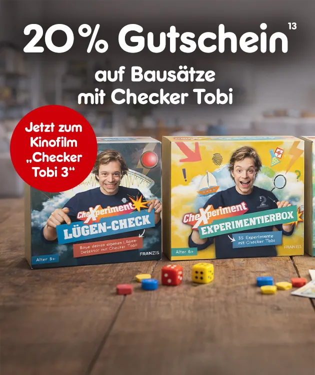 20 Prozent Gutschein auf Baus&auml;tze mit Checker Tobi. Jetzt zum Kinofilm "Checker Tobi 3" bei Netto Online mit Hochzahl 13 die auf rechtliche Hinweise verweist.