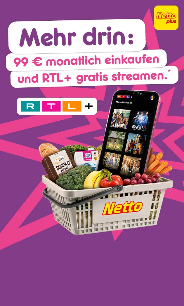 Die Grafik zeigt eine violette Netto-plus-Werbegrafik mit pinkem Sternmuster, einem Einkaufskorb mit Obst, Gem&uuml;se, Brot, Schokolade und einem Smartphone mit Streamingansicht. Im Rechtstext steht neunundneunzig Euro monatlich einkaufen und RTL plus gratis streamen. Au&szlig;erdem ieht man das RTL-plus-Logo, das Netto-plus-Logo, der Hinweis auf Handy, Tablet und Smart TV sowie ein Download-Button. Im Sternchentext steht, dass die Aktion ab siebenundzwanzigstem Juli zweitausendsechsundzwanzig gilt, ab achtzehn Jahren nutzbar ist, App und Kundenkonto erfordert und Pfand ausgenommen ist.