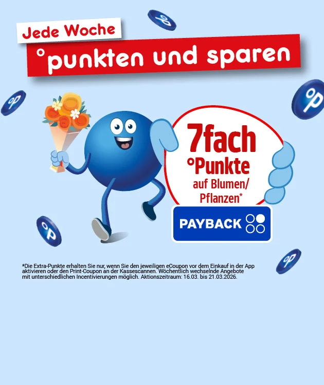 Hellblaues Motiv mit schwebenden blauen PAYBACK-Punktem&uuml;nzen. Oben links steht in einem wei&szlig;en Kasten &bdquo;Jede Woche&ldquo;, darunter auf einem breiten roten Balken gro&szlig; &bdquo;punkten und sparen&ldquo;. In der Mitte l&auml;uft Pointee (das blaue PAYBACK-Punkte-Maskottchen) und h&auml;lt einen Blumenstrau&szlig;; rechts daneben ein wei&szlig;es Schild mit roter Umrandung: &bdquo;siebenfach &deg;Punkte auf Blumen/Pflanzen*&ldquo;, darunter das PAYBACK-Logo. Sternchentext unten: &bdquo;*Die Extra-Punkte erhalten Sie nur, wenn Sie den jeweiligen eCoupon vor dem Einkauf in der App aktivieren oder den Print-Coupon an der Kasse scannen. W&ouml;chentlich wechselnde Angebote mit unterschiedlichen Incentivierungen m&ouml;glich. Aktionszeitraum: sechzehnten dritten bis einundzwanzigsten dritten zweitausendsechsundzwanzig.&ldquo; Unten mittig ein Button &bdquo;Hier mehr erfahren&ldquo;, der zum Klicken einl&auml;dt.