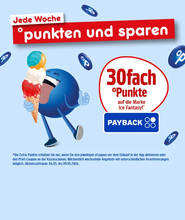 Diese Grafik zeigt einen hellblauen Hintergrund mit mehreren PAYBACK-Punkten. Oben links steht &bdquo;Jede Woche&ldquo;. Darunter als Headline in einem roten Balken &bdquo;punkten und sparen&ldquo;. Links l&auml;uft ein blauer Pointee und h&auml;lt eine Eiswaffel mit drei Kugeln in blau, wei&szlig; und rot. Rechts steht in einem wei&szlig;en Kreis mit roter Umrandung: &bdquo;drei&szlig;igfach &deg;Punkte auf die Marke Ice Fantasy!&ldquo; mit Sternchen; darunter das PAYBACK-Logo. Unten steht der Sternchentext klein: &bdquo;Die Extra-Punkte erhalten Sie nur, wenn Sie den jeweiligen eCoupon vor dem Einkauf in der App aktivieren oder den Print-Coupon an der Kasse scannen. W&ouml;chentlich wechselnde Angebote mit unterschiedlichen Incentivierungen m&ouml;glich. Aktionszeitraum: vierter f&uuml;nfter bis neunter f&uuml;nfter zweitausendsechsundzwanzig.&ldquo; Ganz unten ist ein Button &bdquo;Hier mehr erfahren&ldquo;, der zum Klicken einl&auml;dt.