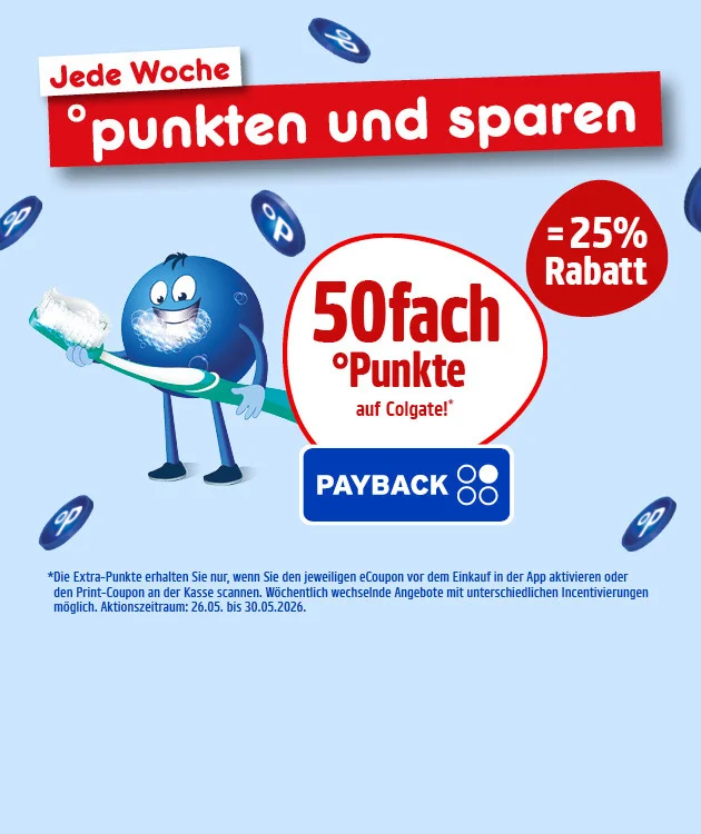 Diese Grafik zeigt eine hellblaue PAYBACK‑Aktionsgrafik von Netto mit mehreren fliegenden blauen PAYBACK‑Punkten im Hintergrund. Oben links steht &bdquo;Jede Woche&ldquo;, daneben auf rotem Banner &bdquo;punkten und sparen&ldquo;. Links ist ein blauer Pointee zu sehen, der eine Zahnb&uuml;rste mit Zahnpasta h&auml;lt und dabei l&auml;chelt. In der Mitte steht in einem gro&szlig;en Kreis &bdquo;dreiunddrei&szlig;igfach Punkte auf Colgate&ldquo; mit Sternchenhinweis, rechts in einem roten Kreis &bdquo;minus f&uuml;nfundzwanzig Prozent Rabatt&ldquo;, darunter das PAYBACK‑Logo. Unten steht der Sternchentext: &bdquo;Die Extra‑Punkte erhalten Sie nur, wenn Sie den jeweiligen eCoupon vor dem Einkauf in der App aktivieren oder den Print‑Coupon an der Kasse scannen. W&ouml;chentlich wechselnde Angebote mit unterschiedlichen Incentivierungen m&ouml;glich. Aktionszeitraum: sechsundzwanzigster f&uuml;nfter bis drei&szlig;igster f&uuml;nfter zweitausendsechsundzwanzig.&ldquo; Ganz unten befindet sich ein Button &bdquo;Hier mehr erfahren&ldquo;, der zum Klicken einl&auml;dt.