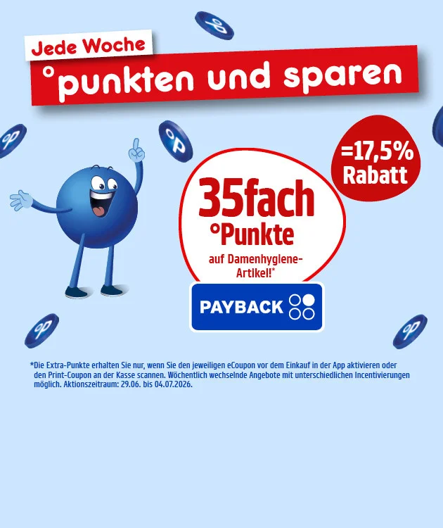 Diese Grafik zeigt auf hellblauem Hintergrund mehrere schwebende PAYBACK-Symbole, oben ein wei&szlig;es Schild mit roter Schrift &bdquo;Jede Woche&ldquo; und darunter einen roten Balken mit der Aufschrift &bdquo;punkten und sparen&ldquo;. Links steht ein blauer Pointee mit ausgebreiteten Armen, offenem Mund und nach oben zeigendem Finger. In der Mitte steht in einem wei&szlig; hinterlegten, rot umrandeten Kreis &bdquo;f&uuml;nfunddrei&szlig;igfach Punkte auf Damenhygiene-Artikel!&ldquo; &uuml;ber einem PAYBACK-Logo, rechts daneben in einem roten Kreis &bdquo;gleich siebzehneinhalb Prozent Rabatt&ldquo;. Unten steht der Sternchentext: &bdquo;Die Extra-Punkte erhalten Sie nur, wenn Sie den jeweiligen eCoupon vor dem Einkauf in der App aktivieren oder den Print-Coupon an der Kasse scannen. W&ouml;chentlich wechselnde Angebote mit unterschiedlichen Incentivierungen m&ouml;glich. Aktionszeitraum: neunundzwanzigster Juni bis vierter Juli zweitausendsechsundzwanzig.&ldquo; Ganz unten befindet sich der Button &bdquo;Hier mehr erfahren&ldquo;, der zum Klicken einl&auml;dt.