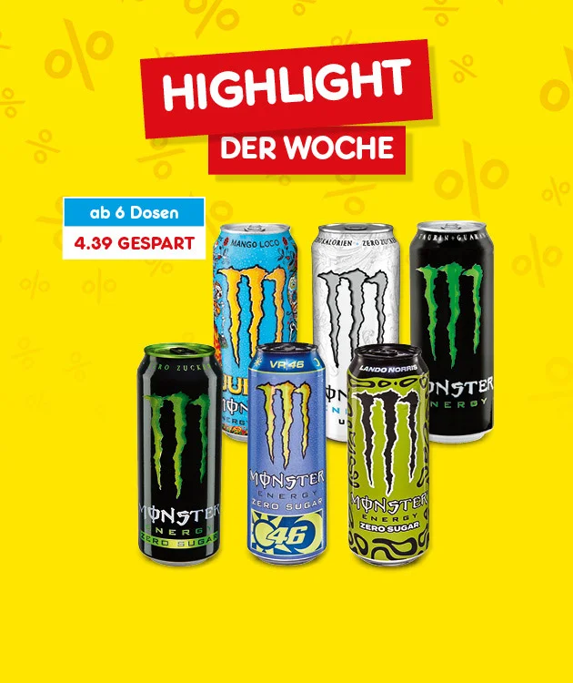 Grafik mit gelbem Hintergrund und roten Bannern mit der Aufschrift &bdquo;Highlight der Woche&ldquo;. Im Vordergrund sechs verschiedene Dosen Monster Energy. Links steht &bdquo;ab sechs Dosen vier Euro neununddrei&szlig;ig gespart&ldquo;. Unten ein wei&szlig;er Button mit rotem Rand und der Aufschrift &bdquo;Weitere Angebote entdecken&ldquo;, der zum Klicken einl&auml;dt.