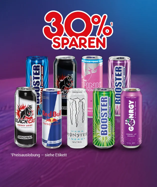 Neun bunte Dosen verschiedener Energy-Drinks, darunter Booster, Black Cat, Red Bull, Monster und Gongy, stehen auf einem lila-blauen Untergrund. Oben steht in gro&szlig;er roter Schrift &bdquo;drei&szlig;ig Prozent sparen&ldquo;. Unten befindet sich ein wei&szlig;er Button mit rotem Rand und roter Aufschrift &bdquo;Weitere Sparangebote entdecken&ldquo;, der zum Klicken einl&auml;dt.