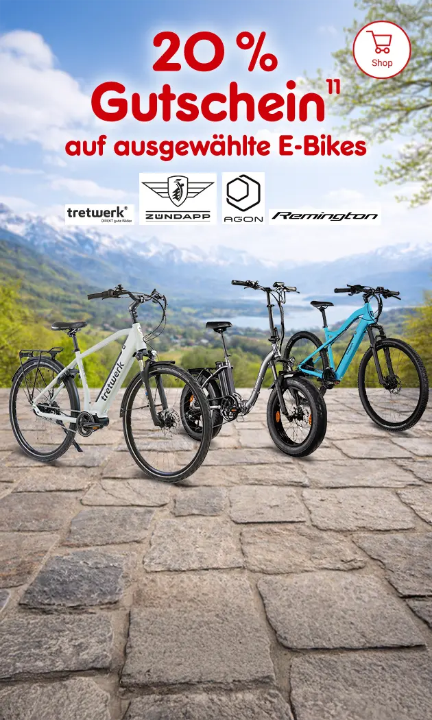 20 % Gutschein auf ausgew&auml;hlte E-Bikes der Marken tretwerk, Z&uuml;ndapp, Agon und Remington mit Hinweis auf Rechtstext.