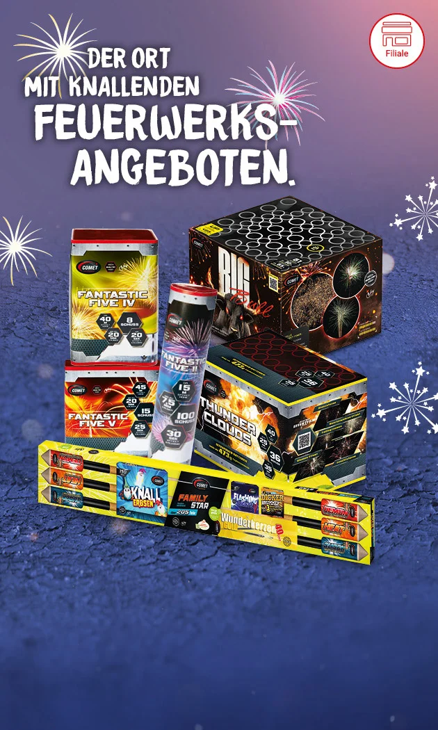 Grafik mit violettem Hintergrund, Feuerwerksmotiven und dem wei&szlig;en Schriftzug "Der Ort mit knallenden Feuerwerksangeboten". Im Vordergrund verschiedene Feuerwerksartikel, darunter "Fantastic Five IV", "Thunder Clouds", "Skall", "Party Time" und "Big Bang" mit Angaben wie vierzig Schuss, hundert Effekte und vierzig Millimeter Kaliber. Unten rechts gelber Button mit rotem Rand und der Aufschrift "Jetzt Angebote entdecken", der zum Klicken einl&auml;dt. Links unten Symbol f&uuml;r den Filialfinder.