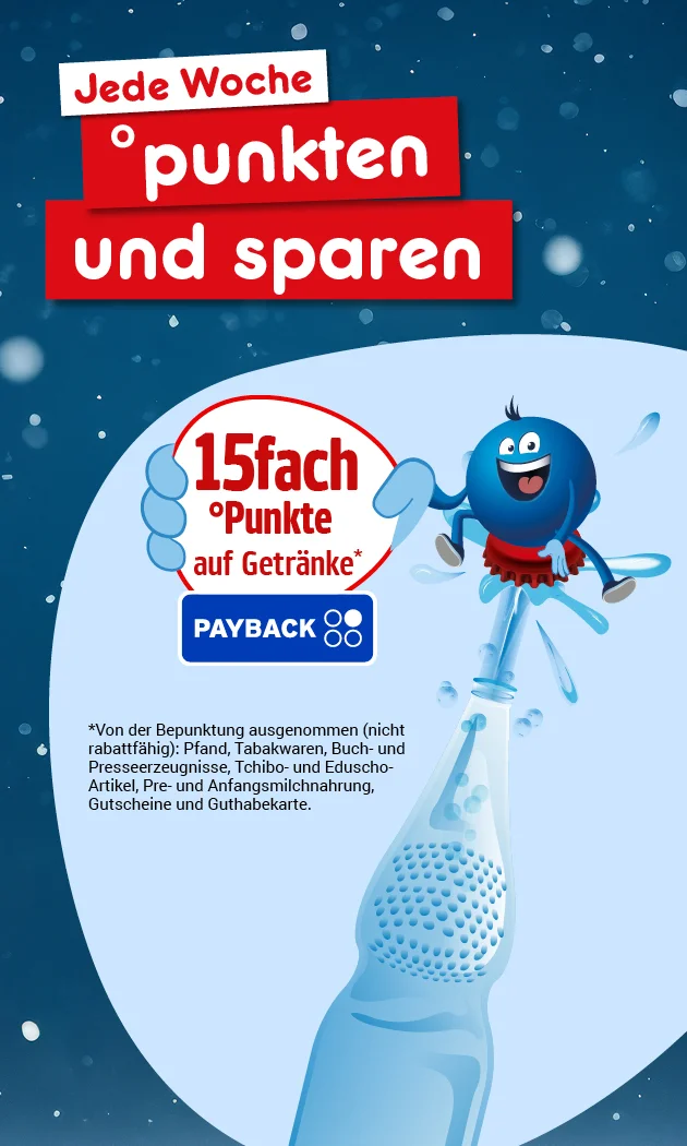 Auf dem Bild sieht man eine winterliche Payback-Grafik mit dunkelblauem Sternenhimmel und hellblauer Fl&auml;che. Oben links steht &bdquo;Jede Woche punkten und sparen&ldquo;. In der Mitte ist ein blaues Payback-Pointee mit Schlittschuhen zu sehen. Daneben ein roter Kreis mit der Aufschrift &bdquo;f&uuml;nfzehnfach Punkte auf Getr&auml;nke&ldquo;. Darunter befindet sich das Payback-Logo. Unten links steht ein Sternchentext mit Hinweisen zu ausgenommenen Artikeln wie Pfand, Tabakwaren, B&uuml;cher, Presse, Tchibo- und Elektroware, Prepaid-Produkte, Telefonkarten, Gutscheine und Guthabenkarten. Unten rechts befindet sich ein Button mit der Aufschrift &bdquo;Hier mehr erfahren".