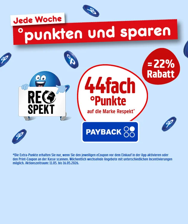 Diese Grafik zeigt einen hellblauen Hintergrund mit schwebenden Payback-Punktekugeln. Oben links steht in einem wei&szlig;en Feld &bdquo;Jede Woche&ldquo;, daneben auf einem roten Banner &bdquo;punkten und sparen&ldquo;. Links ist ein blauer Pointee abgebildet, der ein Schild mit der Aufschrift &bdquo;Respekt&ldquo; h&auml;lt; im Wort ist ein Kreis mit Weltkugelmotiv integriert. Rechts stehen in einem wei&szlig;en Kreis mit rotem Rand die Texte &bdquo;vierundvierzigfach Punkte auf die Marke Respekt&ldquo; mit einem Sternchen, darunter das PAYBACK-Logo. Daneben in einem roten Kreis &bdquo;gleich zweiundzwanzig Prozent Rabatt&ldquo;. Unten steht der Text zum Sternchen: &bdquo;Die Extra-Punkte erhalten Sie nur, wenn Sie den jeweiligen eCoupon vor dem Einkauf in der App aktivieren oder den Print-Coupon an der Kasse scannen. W&ouml;chentlich wechselnde Angebote mit unterschiedlichen Incentivierungen m&ouml;glich. Aktionszeitraum: elfter Mai bis sechzehnter Mai zweitausendsechsundzwanzig.&ldquo; Ganz unten ein Button mit der Aufschrift &bdquo;Hier mehr erfahren&ldquo;, der zum Klicken einl&auml;dt.