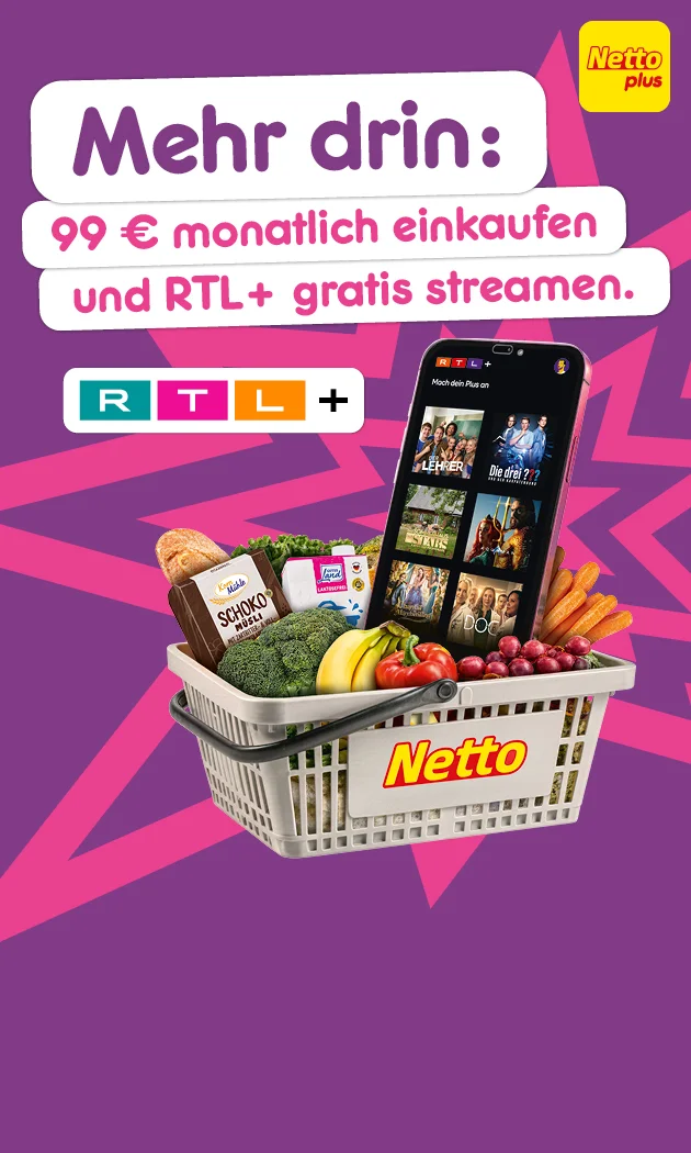 Die Grafik zeigt eine violette Netto-plus-Werbegrafik mit pinkem Sternmuster, einem Einkaufskorb mit Obst, Gem&uuml;se, Brot, Schokolade und einem Smartphone mit Streamingansicht. Im Rechtstext steht neunundneunzig Euro monatlich einkaufen und RTL plus gratis streamen. Au&szlig;erdem ieht man das RTL-plus-Logo, das Netto-plus-Logo, der Hinweis auf Handy, Tablet und Smart TV sowie ein Download-Button. Im Sternchentext steht, dass die Aktion ab siebenundzwanzigstem Juli zweitausendsechsundzwanzig gilt, ab achtzehn Jahren nutzbar ist, App und Kundenkonto erfordert und Pfand ausgenommen ist.
