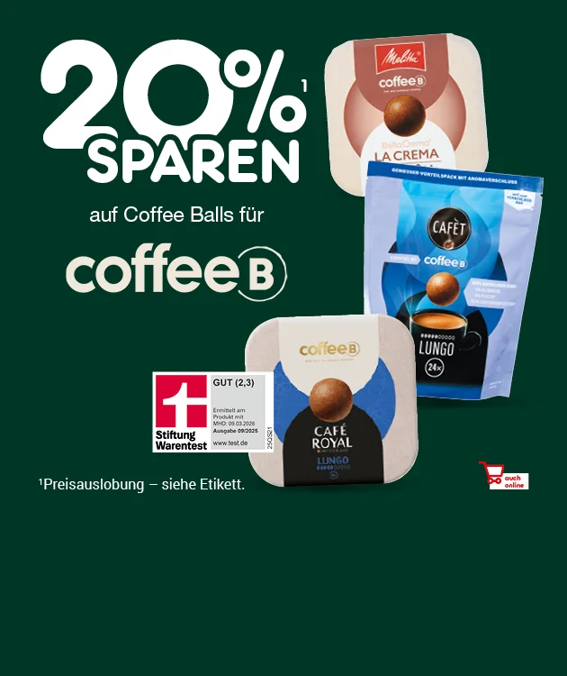 Diese Grafik zeigt einen dunkelgr&uuml;nen Hintergrund mit mehreren abgebildeten Coffee-Balls. Links steht als Headline &bdquo;zehn Prozent sparen&ldquo; mit einer hochgesellten eins und darunter &bdquo;auf Coffee Balls f&uuml;r coffeeB&ldquo;. Darunter steht klein die hochgestellte eins aufgel&ouml;st mti: &bdquo;Preisauslobung &ndash; siehe Etikett.&ldquo; Rechts sind Produktpackungen abgebildet: &bdquo;Melitta coffeeB Auslese klassisch&ldquo; und &bdquo;Melitta coffeeB La Crema&ldquo; sowie eine rosa Packung &bdquo;Caf&egrave;t coffeeB Espresso&ldquo; mit Hinweis &bdquo;vierundzwanzig Mal&ldquo; auf der Tasse. Ganz unten ist ein Button &bdquo;Hier mehr erfahren&ldquo;, der zum Klicken einl&auml;dt.