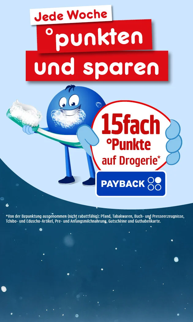 Die Grafik zeigt das blaue Maskottchen von Paypack mit einer Zahnb&uuml;rste und mit dem Text jede Woche punkten und sparen. Es wird 15-fach Punkte auf Drogerieartikel beworben. Unten rechts befindet sich ein gelber Pfeil mit dem Hinweis &bdquo;Mehr erfahren&ldquo;, der zum Klicken einl&auml;dt. Unten links ist ein Symbol f&uuml;r die Filiale zu sehen.