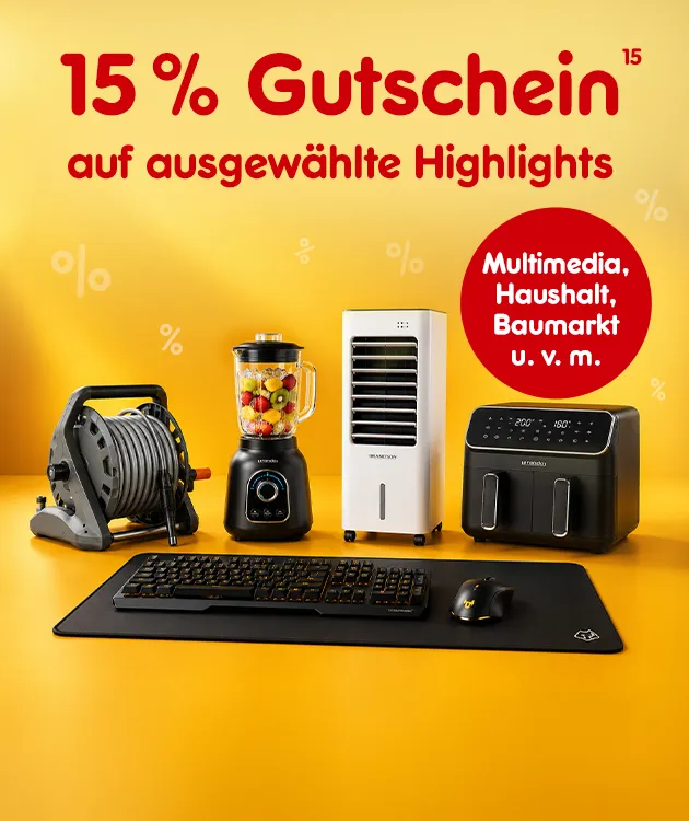 15% Gutschein auf ausgew&auml;hlte Highlights. Multimedia, Haushalt, Baumarkt und vieles mehr bei Netto Online hoch 15, die auf rechtliches verweist.