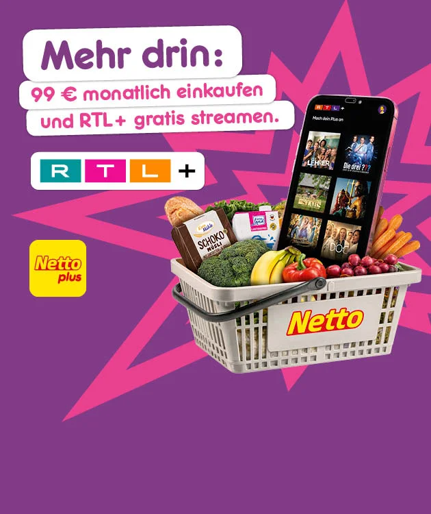 Die Grafik zeigt eine violette Netto-plus-Werbegrafik mit pinkem Sternmuster, einem Einkaufskorb mit Obst, Gem&uuml;se, Brot, Schokolade und einem Smartphone mit Streamingansicht. Im Rechtstext steht neunundneunzig Euro monatlich einkaufen und RTL plus gratis streamen. Au&szlig;erdem ieht man das RTL-plus-Logo, das Netto-plus-Logo, der Hinweis auf Handy, Tablet und Smart TV sowie ein Download-Button. Im Sternchentext steht, dass die Aktion ab siebenundzwanzigstem Juli zweitausendsechsundzwanzig gilt, ab achtzehn Jahren nutzbar ist, App und Kundenkonto erfordert und Pfand ausgenommen ist.