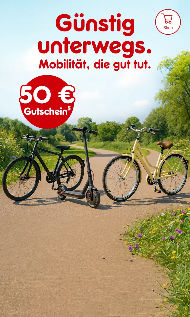 G&uuml;nstig unterwegs. Mobilit&auml;t, die gut tut. 50 &euro; Gutschein bei Netto-Online hoch 5 verweisend auf Rechtstexte.
