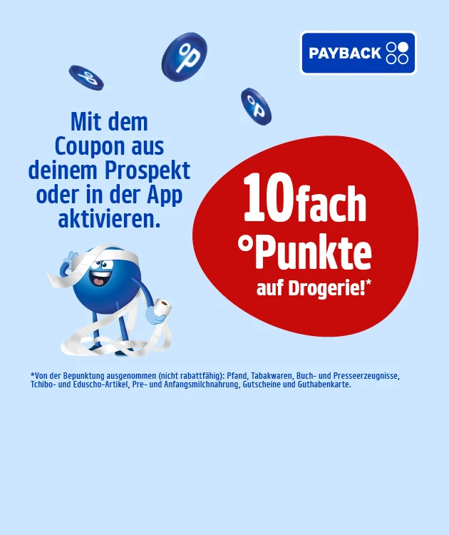 Bild mit hellblauem Hintergrund und mehreren Prozentzeichen. Oben rechts das Payback-Logo. Links in blauer Schrift: „Mit dem Coupon aus deinem Prospekt oder in der App aktivieren.“ Daneben ein blaues Payback-Männchen, der Toilettenpapier um den Kopf gewickelt hat, die Rolle in der Hand hält und lächelt. Rechts ein großer roter Kreis mit weißer Schrift: „zehnfach °Punkte auf Drogerie!*“. Unten ein Sternchentext mit Hinweisen zu Ausnahmen: „Von der Bepunktung ausgenommen (nicht rabattfähig): Pfand, Tabakwaren, Buch- und Presseerzeugnisse, Tchibo- und Eduscho-Artikel, Pre- und Anfangsmilchnahrung, Gutscheine und Guthabenkarten.“ Unten mittig ein weiß-roter Button mit der Aufschrift: „Hier Angebote entdecken“, der zum Klicken einlädt.