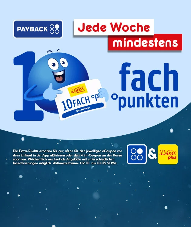Die Grafik zeigt das blaue Maskottchen von Paypack mit einer Zahnb&uuml;rste und mit dem Text jede Woche punkten und sparen. Es wird 15-fach Punkte auf Drogerieartikel beworben. Unten rechts befindet sich ein gelber Pfeil mit dem Hinweis &bdquo;Mehr erfahren&ldquo;, der zum Klicken einl&auml;dt. Unten links ist ein Symbol f&uuml;r die Filiale zu sehen.