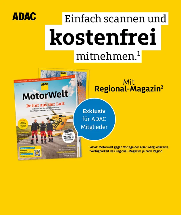 Diese Grafik zeigt eine gelbe ADAC-Anzeige mit der &Uuml;berschrift &bdquo;Einfach scannen und kostenfrei mitnehmen.&ldquo; und dem Zusatz &bdquo;Mit Regional-Magazin&ldquo;. Abgebildet ist das Magazin &bdquo;ADAC Motorwelt&ldquo; mit einem blauen Hinweis &bdquo;Exklusiv f&uuml;r ADAC Mitglieder&ldquo;. Fu&szlig;noten: &bdquo;ADAC Motorwelt gegen Vorlage der ADAC Mitgliedskarte.&ldquo; sowie &bdquo;Verf&uuml;gbarkeit des Regional-Magazins je nach Region.&ldquo; Unten befindet sich ein Button "Hier mehr erfahren", der zum Klicken einl&auml;dt.