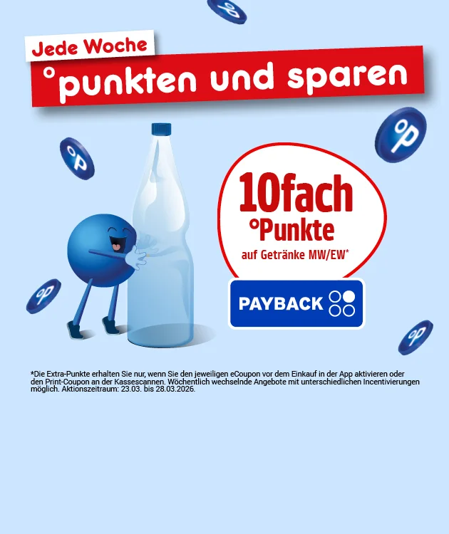 Grafik mit hellblauem Hintergrund. Oben links steht &bdquo;Jede Woche&ldquo;, darunter auf rotem Banner &bdquo;punkten und sparen&ldquo;. Links steht ein blauer Pointee und winkt. Rechts h&auml;lt der blaue Pointee ein rundes Schild mit der Aufschrift &bdquo;zehnfach Punkte auf Getr&auml;nke&ldquo;, darunter klein &bdquo;Mehrweg&ldquo; und &bdquo;Einweg&ldquo;. Unter dem Schild das Payback-Logo. Im Hintergrund fliegen mehrere Payback-Punktesymbole. Unten ein Sternchentext mit Hinweisen zu Extra-Punkten, Coupon-Aktivierung vor dem Einkauf (in der App oder an der Kasse) und w&ouml;chentlich wechselnden Angeboten sowie einem Aktionszeitraum. Unten mittig Button &bdquo;Hier mehr erfahren&ldquo;; der Button l&auml;dt zum Klicken ein.