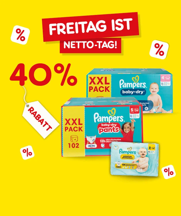 Zu sehen ist eine gelbe Netto-Werbegrafik mit roten Prozentzeichen. Oben steht Freitag ist Netto-Tag. Gro&szlig; beworben werden vierzig Prozent Rabatt auf Pampers-Produkte. Abgebildet sind mehrere Packungen Windeln und Feuchtt&uuml;cher, darunter XXL-Packs, ein Paket mit der Zahl einhundertzwei sowie weitere Babyartikel. Unten steht ein wei&szlig;er Button mit roter Umrandung und dem Text Weitere Knaller-Angebote.