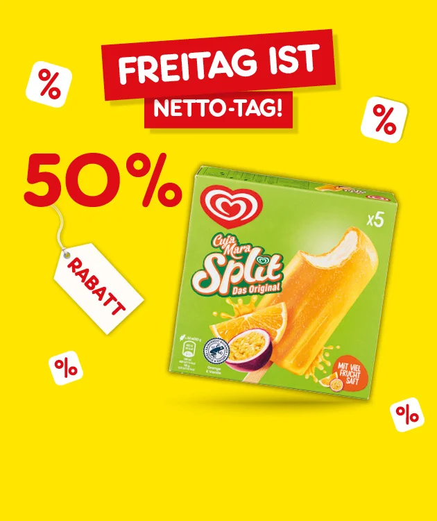 Diese Grafik zeigt auf gelbem Hintergrund den Schriftzug &bdquo;Freitag ist Netto-Tag!&ldquo; sowie &bdquo;f&uuml;nfzig Prozent Rabatt&ldquo;. Daneben ist eine Packung &bdquo;Cremissimo Solero Das Original&ldquo; mit f&uuml;nf Eis am Stiel zu sehen. Um das Motiv herum sind kleine Prozentzeichen und ein Rabatt-Anh&auml;nger verteilt. Ganz unten befindet sich ein wei&szlig;er Button mit roter Umrandung und roter Schrift &bdquo;Weitere Knaller-Angebote&ldquo;, der zum Klicken einl&auml;dt.