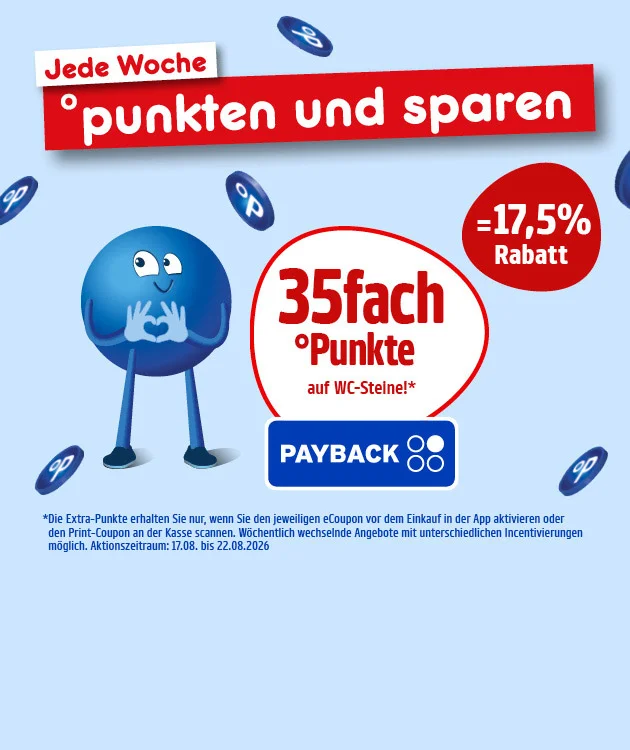 Diese Grafik zeigt auf hellblauem Hintergrund mehrere schwebende blaue PAYBACK-Punkte, links oben den Text &bdquo;Jede Woche punkten und sparen&ldquo;. In der Mitte steht ein blauer Pointee neben einem wei&szlig;en Kreis mit rotem Rand. Darin steht: &bdquo;f&uuml;nfzigfach Punkte auf Artikel der Marke fit!&ldquo; Darunter ist das PAYBACK-Logo zu sehen. Rechts steht in einem roten Kreis: &bdquo;gleich f&uuml;nfundzwanzig Prozent Rabatt&ldquo;. Unten links steht der Sternchentext: &bdquo;Die Extra-Punkte erhalten Sie nur, wenn Sie den jeweiligen eCoupon vor dem Einkauf in der App aktivieren oder den Print-Coupon an der Kasse scannen. W&ouml;chentlich wechselnde Angebote mit unterschiedlichen Incentivierungen m&ouml;glich. Aktionszeitraum: zehnter August bis vierzehnter August zweitausendsechsundzwanzig.&ldquo; Ganz unten befindet sich ein wei&szlig;er Button mit roter Umrandung und roter Schrift &bdquo;Hier mehr erfahren&ldquo;, der zum Klicken einl&auml;dt.