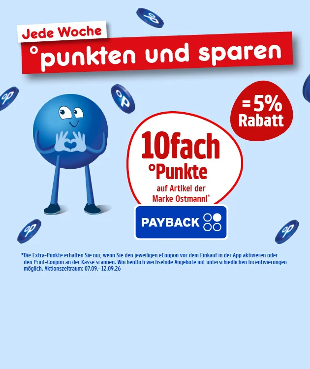 Diese Grafik zeigt auf hellblauem Hintergrund mit schwebenden blauen PAYBACK-Punkten oben links den Text &bdquo;Jede Woche&ldquo; und daneben auf einem roten Banner &bdquo;punkten und sparen&ldquo;. Links steht ein blauer Pointee und formt mit den H&auml;nden ein Herzzeichen. Daneben sind ein gro&szlig;er wei&szlig;er Kreis mit rotem Rand und der Aufschrift &bdquo;zehnfach Punkte auf Artikel der Marke Ostmann&ldquo; sowie ein roter Kreis mit &bdquo;minus f&uuml;nf Prozent Rabatt&ldquo; zu sehen, darunter das PAYBACK-Logo. Unten steht als Sternchentext in kleiner Schrift, dass die Extra-Punkte nur bei aktiviertem eCoupon vor dem Einkauf in der App oder mit Print-Coupon an der Kasse gelten, dass w&ouml;chentlich wechselnde Angebote mit unterschiedlichen Teilnahmebedingungen m&ouml;glich sind und ein Aktionszeitraum vom siebten September bis zum zw&ouml;lften September zweitausendsechsundzwanzig genannt ist. Ganz unten befindet sich ein wei&szlig;er Button mit roter Umrandung und der Aufschrift &bdquo;Hier mehr erfahren&ldquo;, der zum Klicken einl&auml;dt.