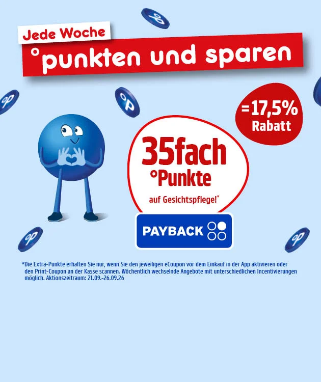 Diese Grafik zeigt auf hellblauem Hintergrund den Schriftzug &bdquo;Jeden Freitag extra punkten&ldquo; mit dem Hinweis &bdquo;g&uuml;ltig am f&uuml;nfundzwanzigsten September zweitausendsechsundzwanzig&ldquo;, mehrere kleine PAYBACK-Symbole und einen fr&ouml;hlichen blauen Pointee. Daneben steht der Hinweis &bdquo;Mit dem Coupon aus deinem Prospekt oder in der App aktivieren&ldquo;. In einem Kreis steht &bdquo;hundert Extra-Punkte ab einem Einkauf ab drei&szlig;ig Euro&ldquo; mit PAYBACK-Logo. Der Sternchentext lautet: &bdquo;Bei der Berechnung angerechnete nicht rabattf&auml;hige Pfand-, Tabakwaren-, Buch- und Presseerzeugnisse, Tchibo- und Eduscho-Artikel und Gutschein-/Prepaidkarten sind von der Bepunktung ausgenommen.&ldquo; Unten befindet sich ein Button mit der Aufschrift &bdquo;Hier mehr erfahren&ldquo;, der zum Klicken einl&auml;dt.