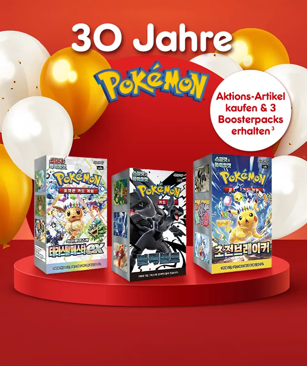 30 Jahre Pokemon. Aktionsartikel kaufen & 3 Boosterpacks erhalten. Bei Netto Online mit der Hochzahl zwei, welche auf rechtliches hinweist.