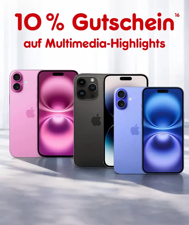 Werbegrafik mit der Aufschrift &bdquo;10 % Gutschein auf Multimedia-Highlights&ldquo; und mehreren Smartphones in Pink, Schwarz und Blau und hochzahl 16 verweisend auf rechtstexte