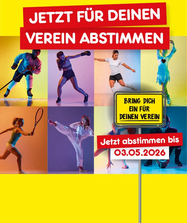 Sport-Collage; gro&szlig;e &Uuml;berschrift: &sbquo;Jetzt f&uuml;r deinen Verein abstimmen&lsquo;. Rechts ein gelbes, ortsschild&auml;hnliches Schild mit schwarzem Rand: &sbquo;Bring dich ein f&uuml;r deinen Verein&lsquo;. Text: &sbquo;Jetzt abstimmen bis zum dritten Mai zweitausendsechsundzwanzig&lsquo;. Unten ein Button &sbquo;Hier mehr erfahren&lsquo;, der zum Klicken einl&auml;dt.